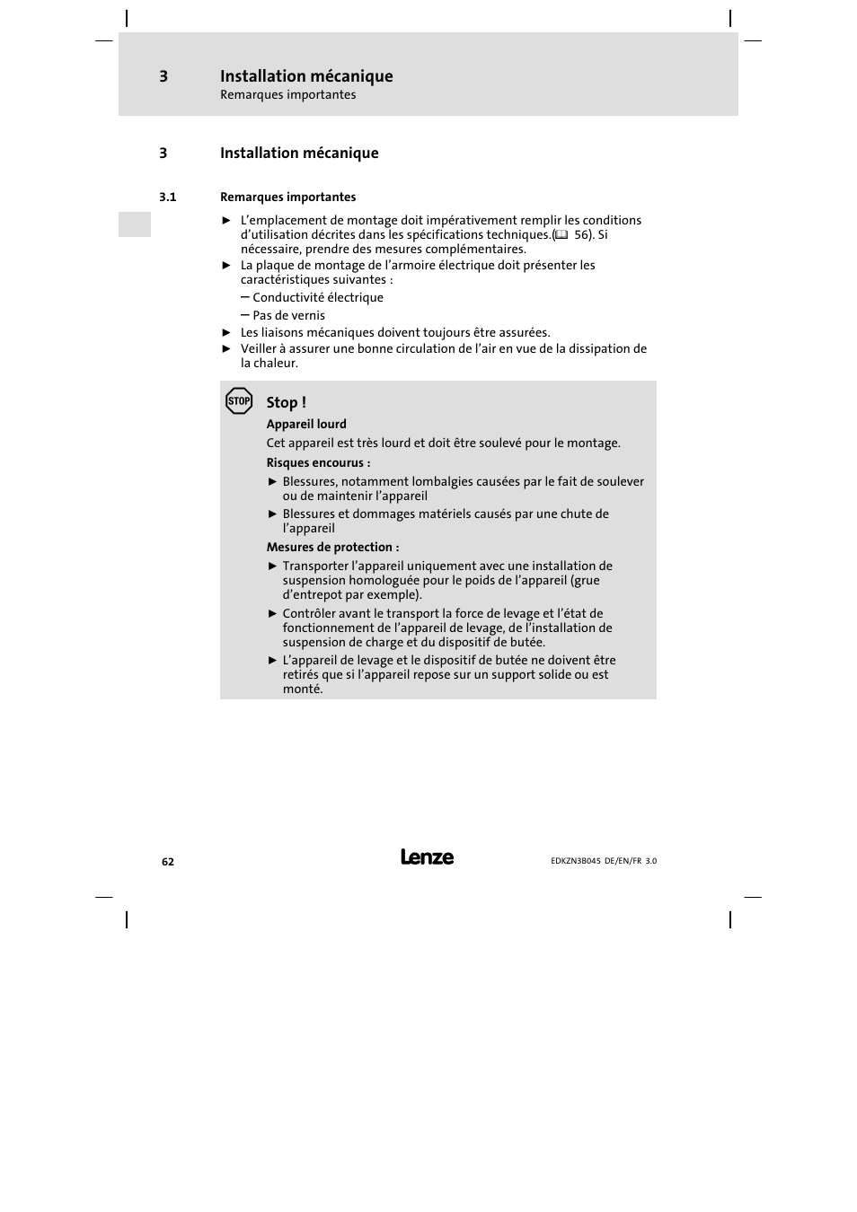 Installation mécanique, Remarques importantes | Lenze EZN3A0055H045U User Manual | Page 62 / 70
