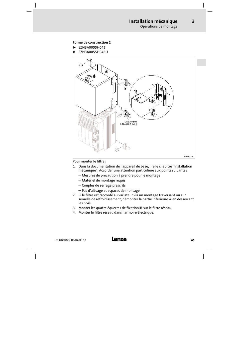 Installation mécanique | Lenze EZN3A0055H045U User Manual | Page 65 / 70