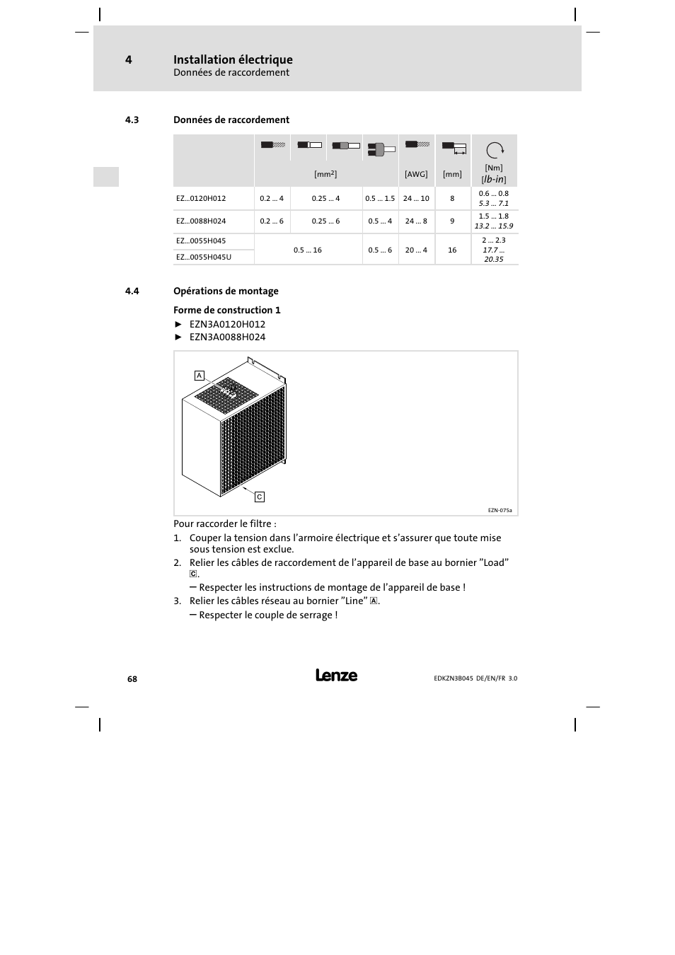 Données de raccordement, Opérations de montage, Installation électrique | Lenze EZN3A0055H045U User Manual | Page 68 / 70