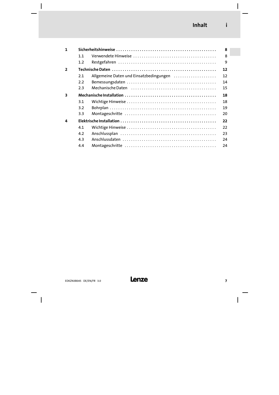 Inhalt, Inhalt i | Lenze EZN3A0055H045U User Manual | Page 7 / 70