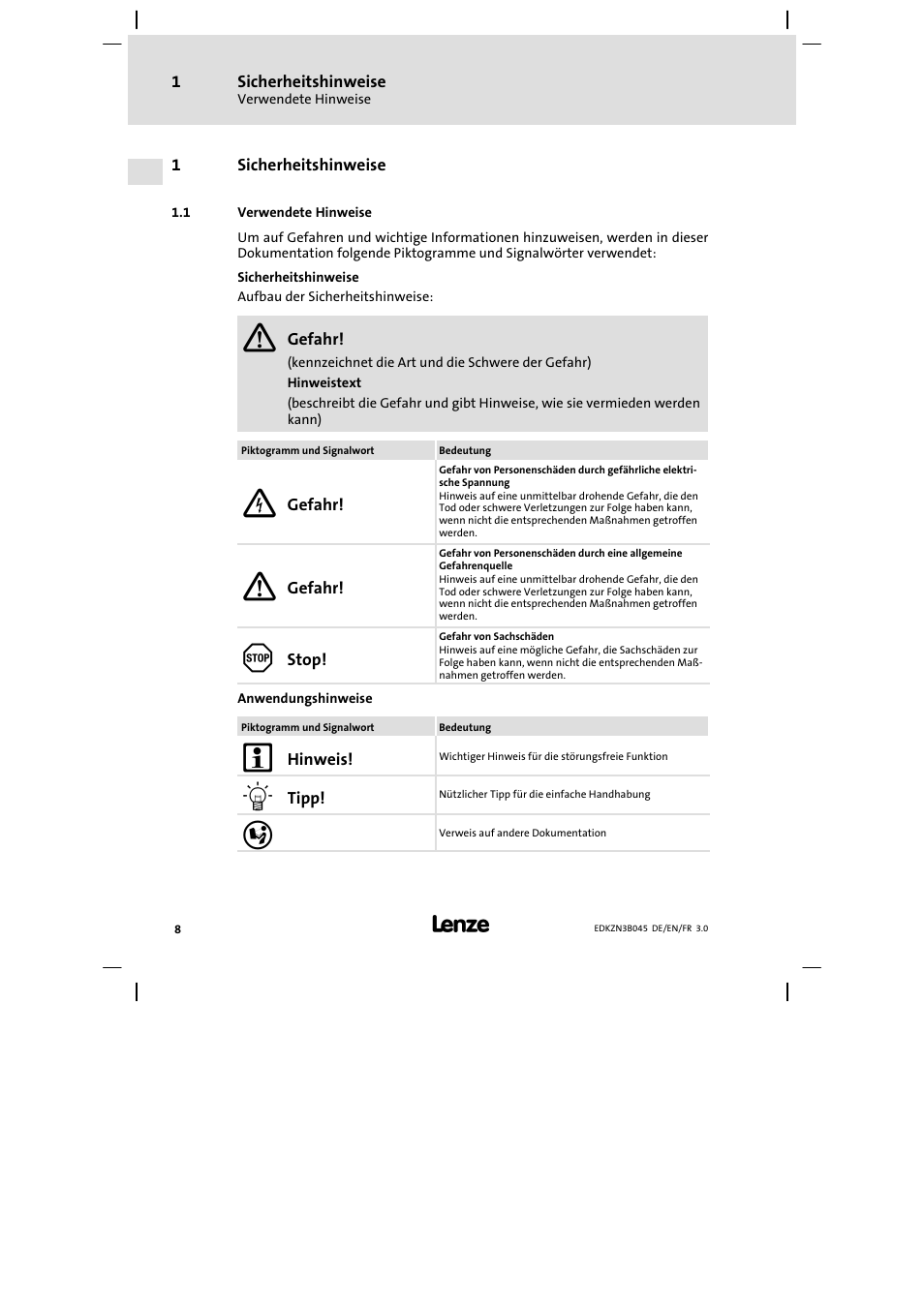 Sicherheitshinweise, Verwendete hinweise | Lenze EZN3A0055H045U User Manual | Page 8 / 70