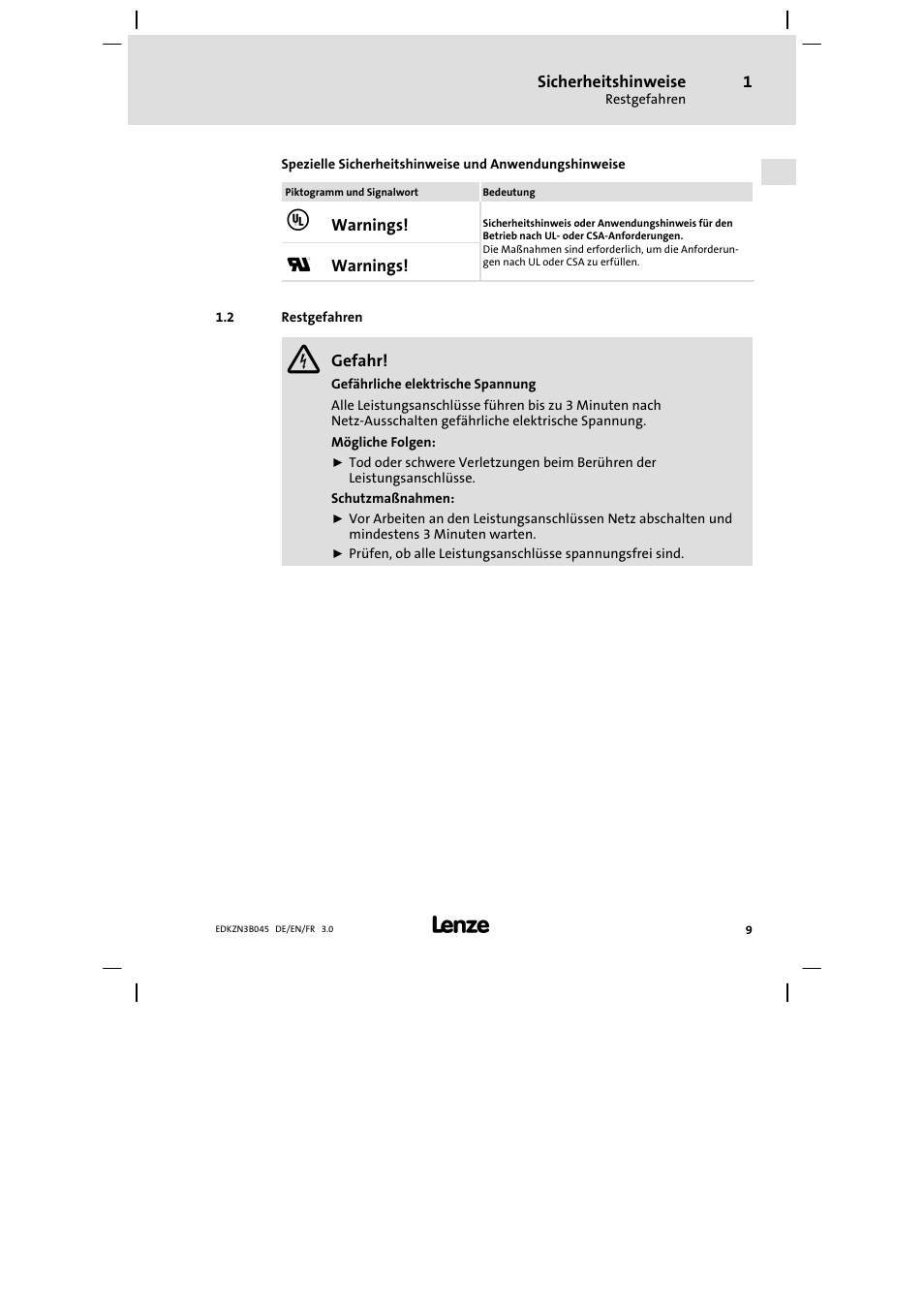 Restgefahren | Lenze EZN3A0055H045U User Manual | Page 9 / 70