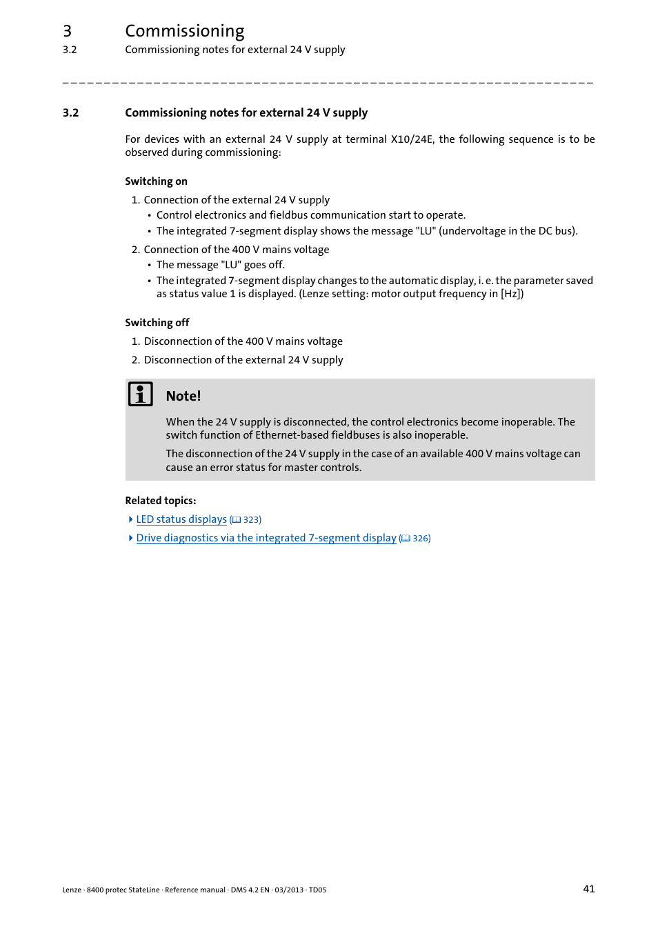 2 commissioning notes for external 24 v supply, Commissioning notes for external 24 v supply, 3commissioning | Lenze E84DSxxx User Manual | Page 41 / 828