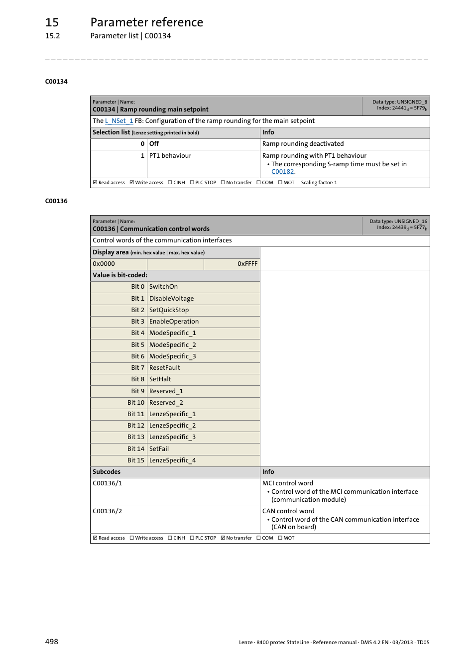 C00134 | ramp rounding main setpoint, C00136 | communication control words, C00136/2 | C00136/1, C00134, 15 parameter reference | Lenze E84DSxxx User Manual | Page 498 / 828