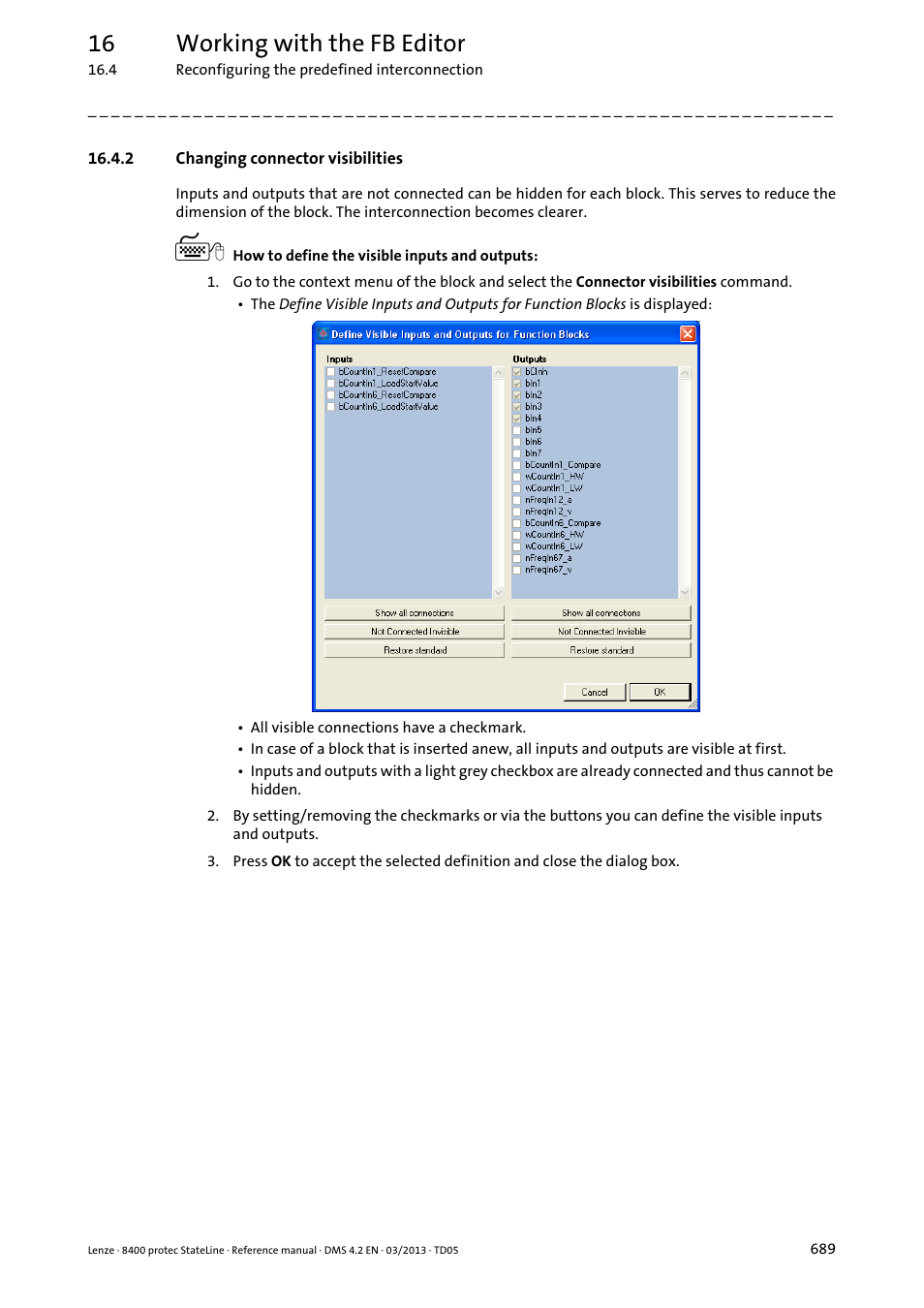 2 changing connector visibilities, Changing connector visibilities, Changing connector visibilities ( 689) | 16 working with the fb editor | Lenze E84DSxxx User Manual | Page 689 / 828