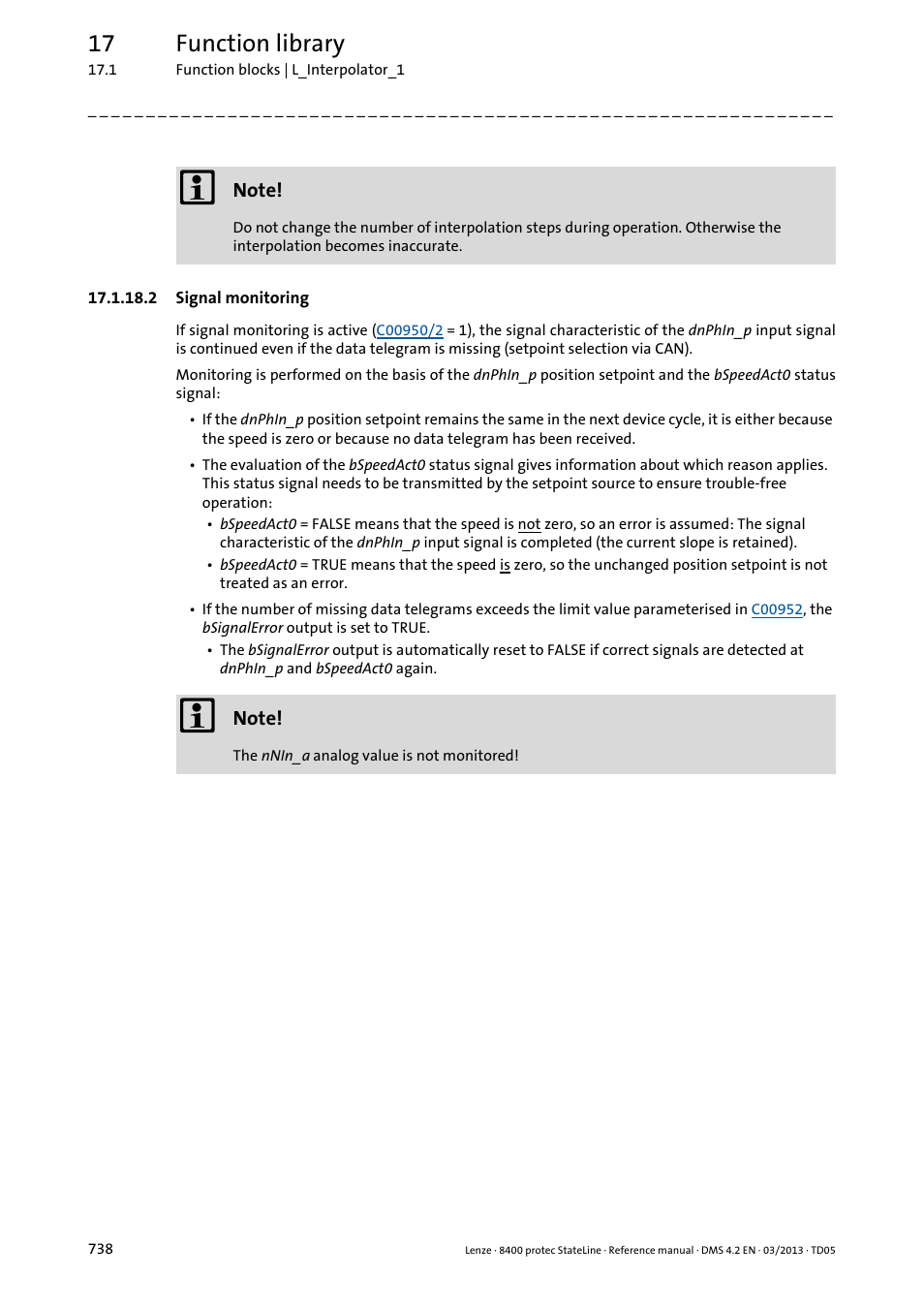 2 signal monitoring, Signal monitoring, Signal monitoring ( 738) | 17 function library | Lenze E84DSxxx User Manual | Page 738 / 828