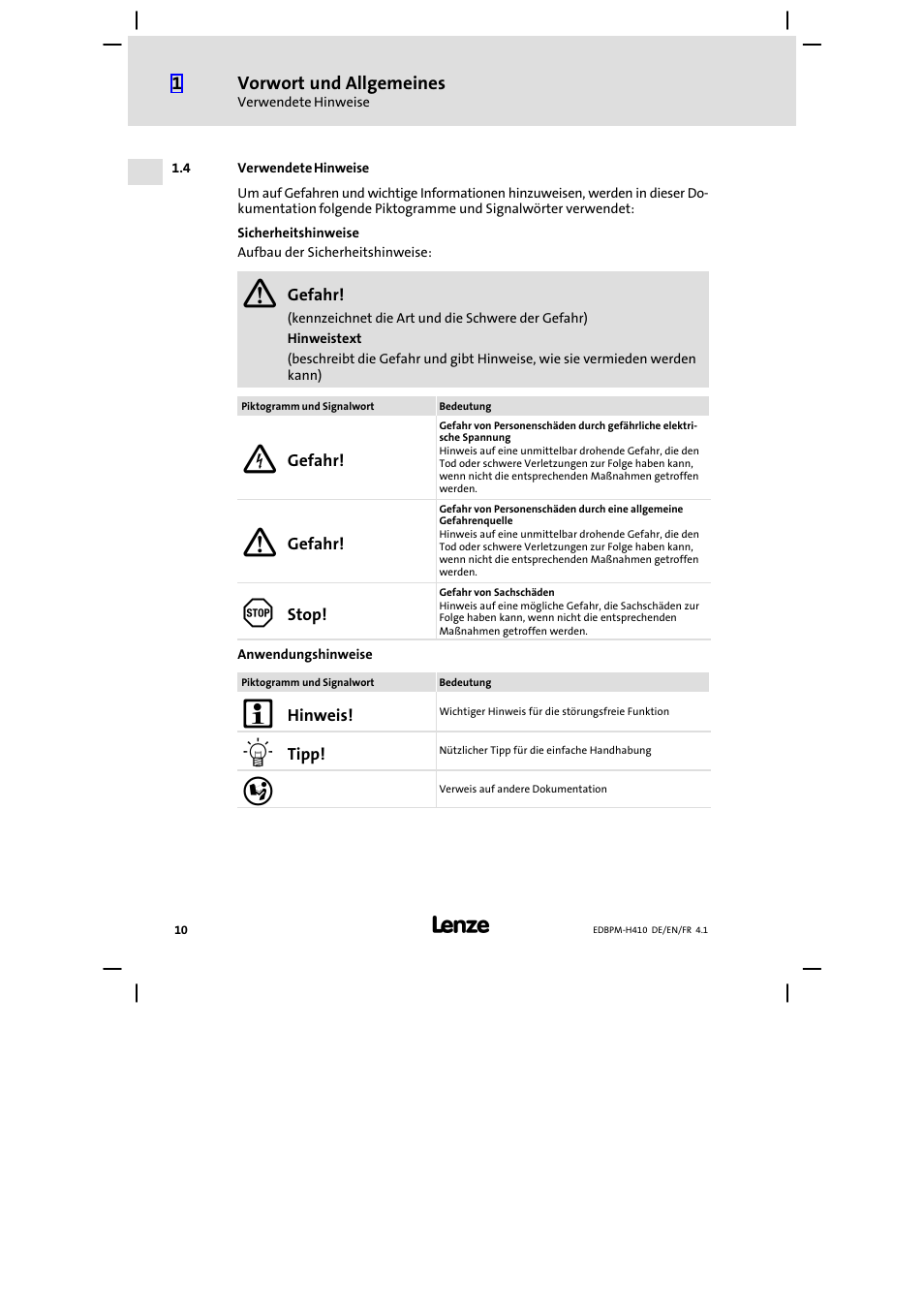 4 verwendete hinweise, Verwendete hinweise | Lenze EPM−H410 User Manual | Page 10 / 154