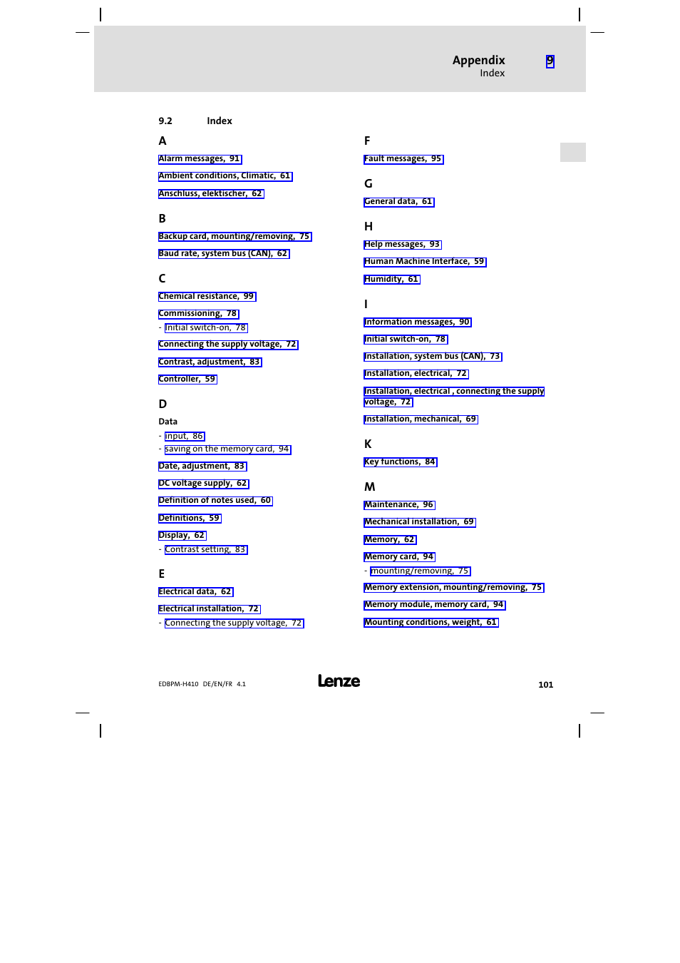 2 index, Index, Appendix | Lenze EPM−H410 User Manual | Page 101 / 154