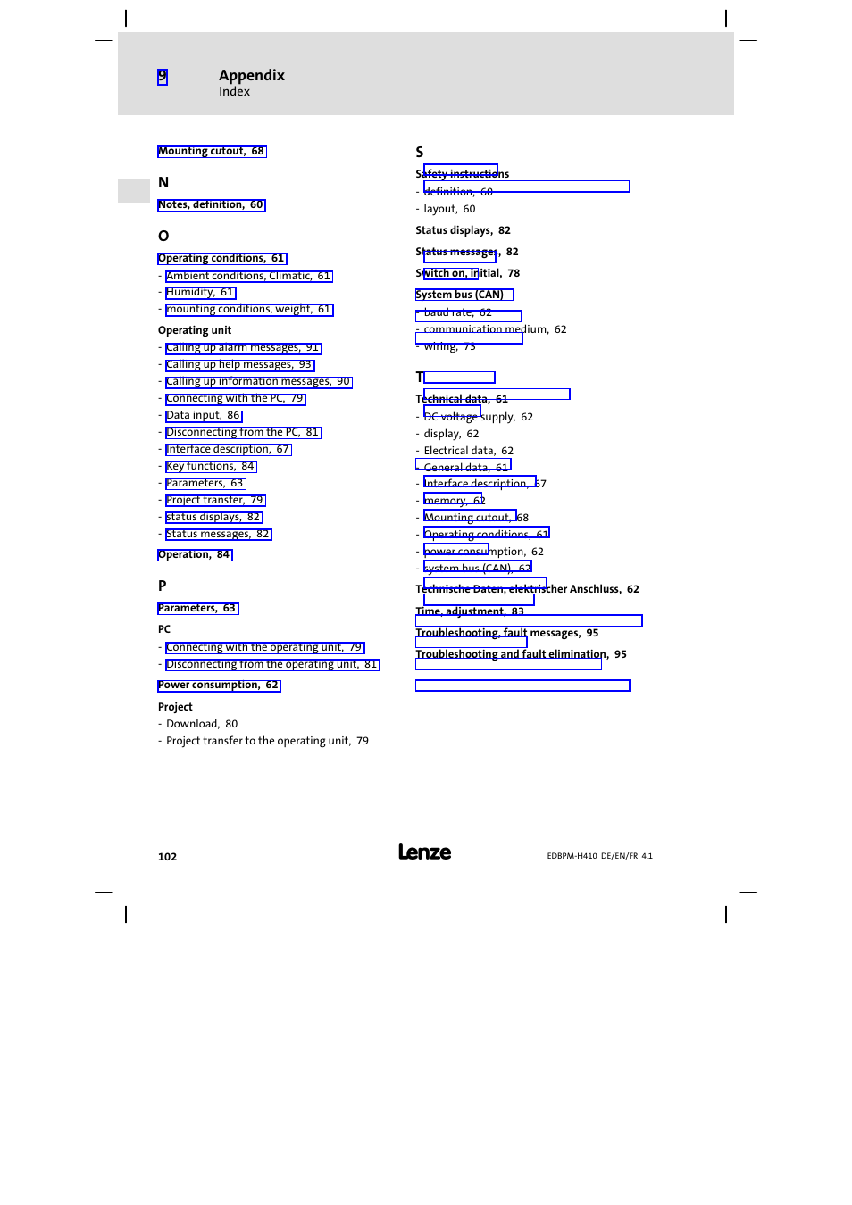 Appendix | Lenze EPM−H410 User Manual | Page 102 / 154