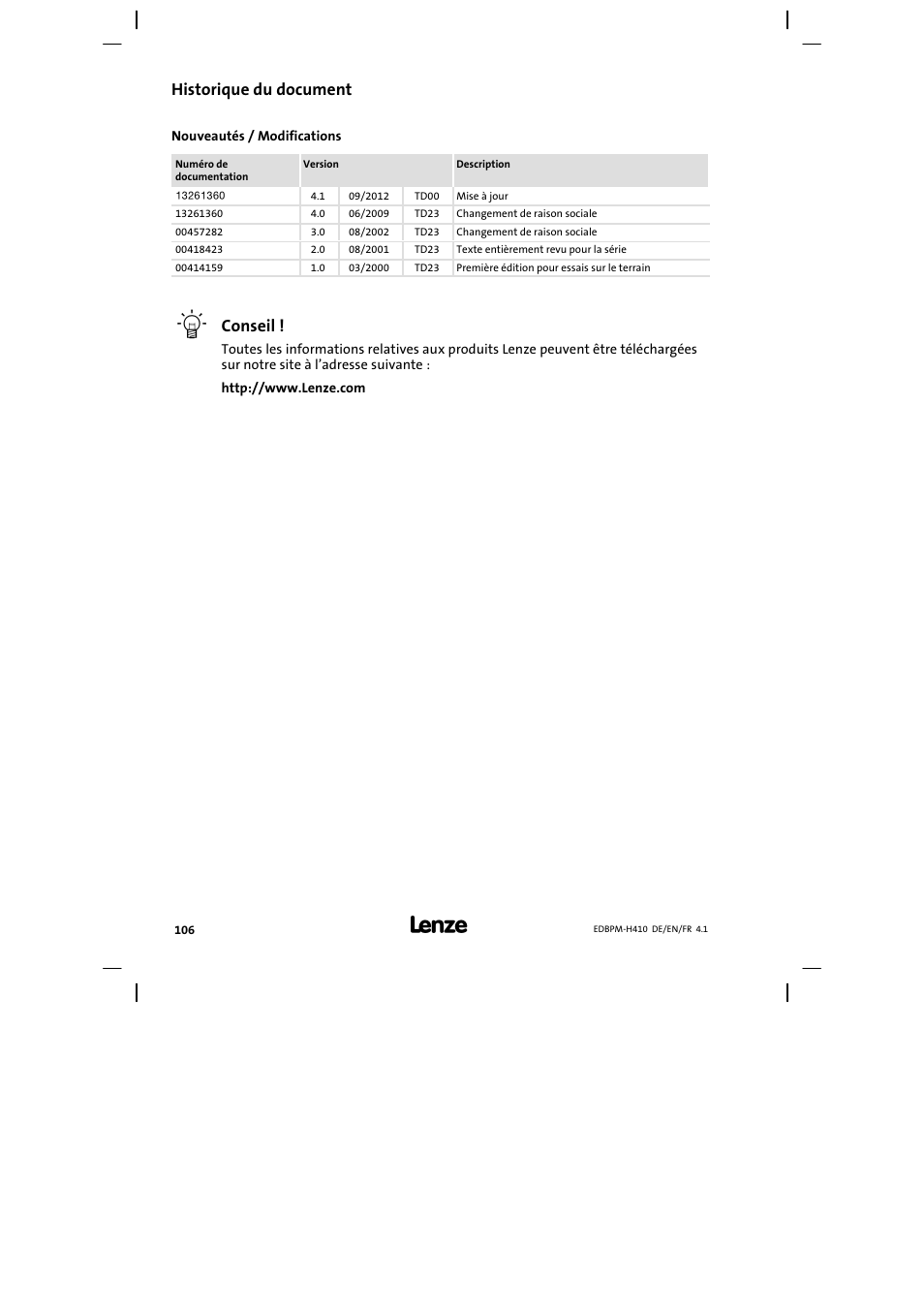 Historique du document, Conseil | Lenze EPM−H410 User Manual | Page 106 / 154