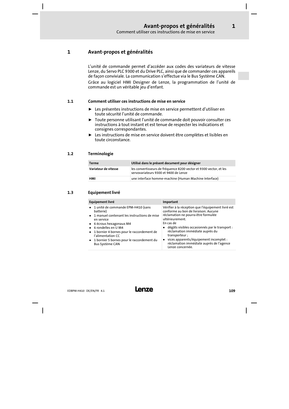 1 avant-propos et généralités, 2 terminologie, 3 equipement livré | Avant−propos et généralités, Terminologie, Equipement livré, 1avant−propos et généralités | Lenze EPM−H410 User Manual | Page 109 / 154