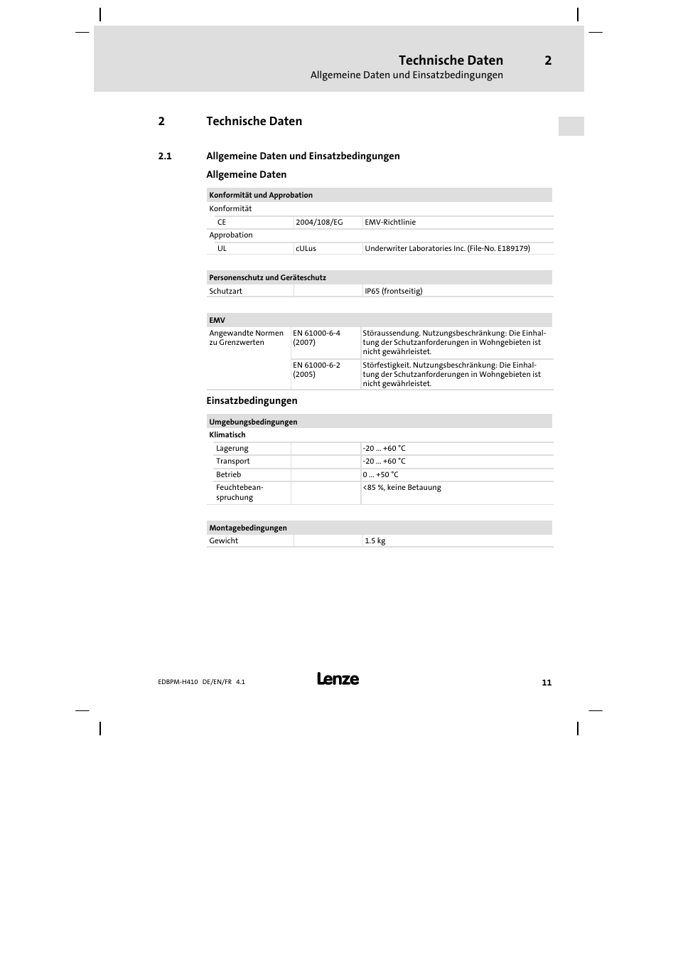 2 technische daten, 1 allgemeine daten und einsatzbedingungen, Technische daten | Allgemeine daten und einsatzbedingungen, 2technische daten | Lenze EPM−H410 User Manual | Page 11 / 154