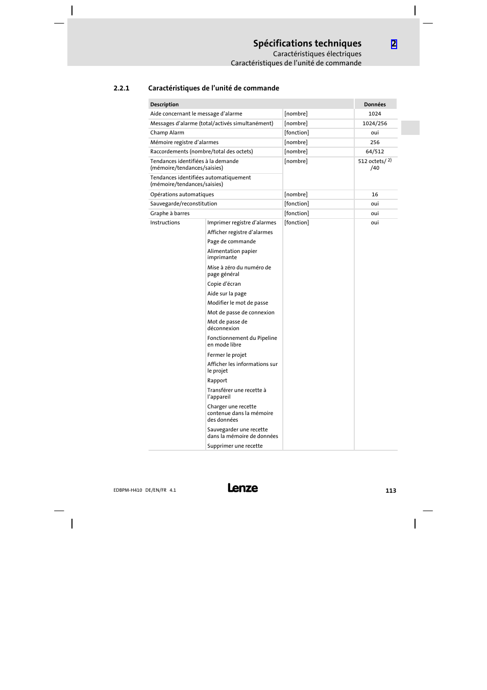 1 caractéristiques de l'unité de commande, Caractéristiques de l’unité de commande, Spécifications techniques | Lenze EPM−H410 User Manual | Page 113 / 154