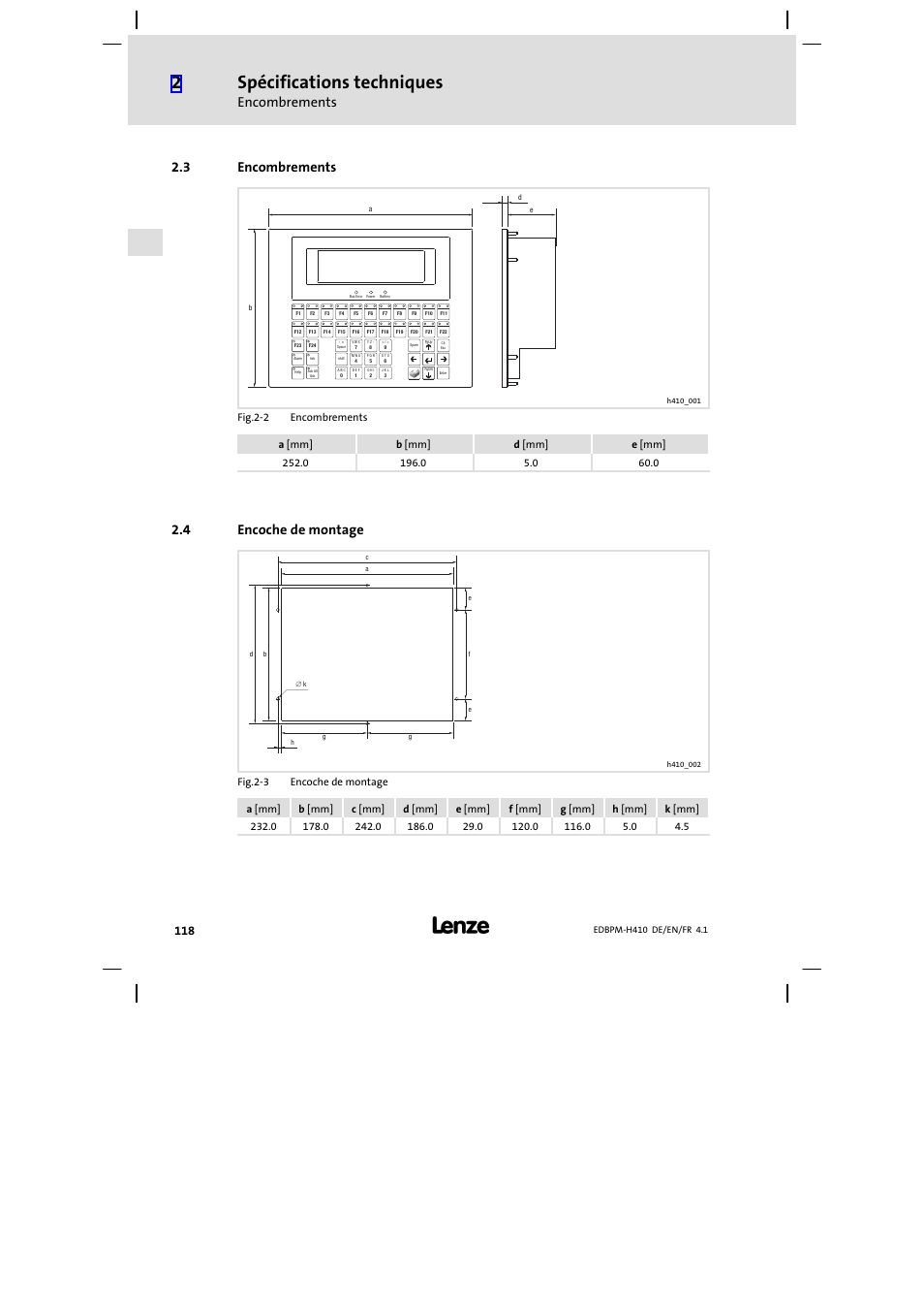 3 encombrements, 4 encoche de montage, Encombrements | Encoche de montage, Spécifications techniques | Lenze EPM−H410 User Manual | Page 118 / 154