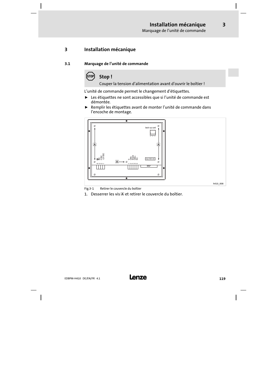 3 installation mécanique, 1 marquage de l'unité de commande, Installation mécanique | Marquage de l’unité de commande, 3installation mécanique, Stop | Lenze EPM−H410 User Manual | Page 119 / 154