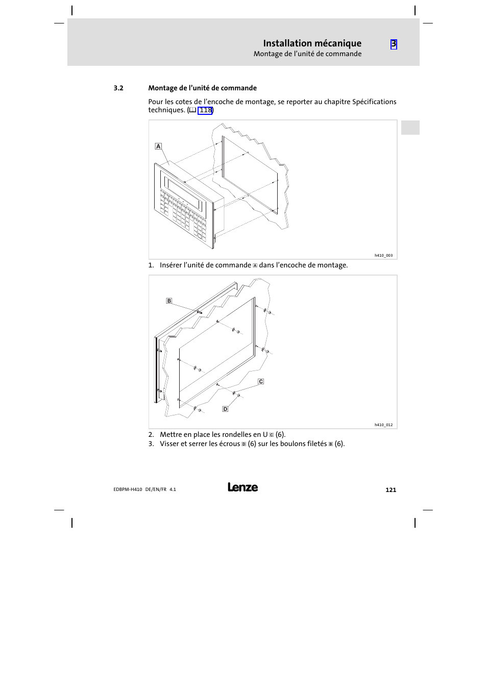 2 montage de l'unité de commande, Montage de l’unité de commande, Installation mécanique | Lenze EPM−H410 User Manual | Page 121 / 154