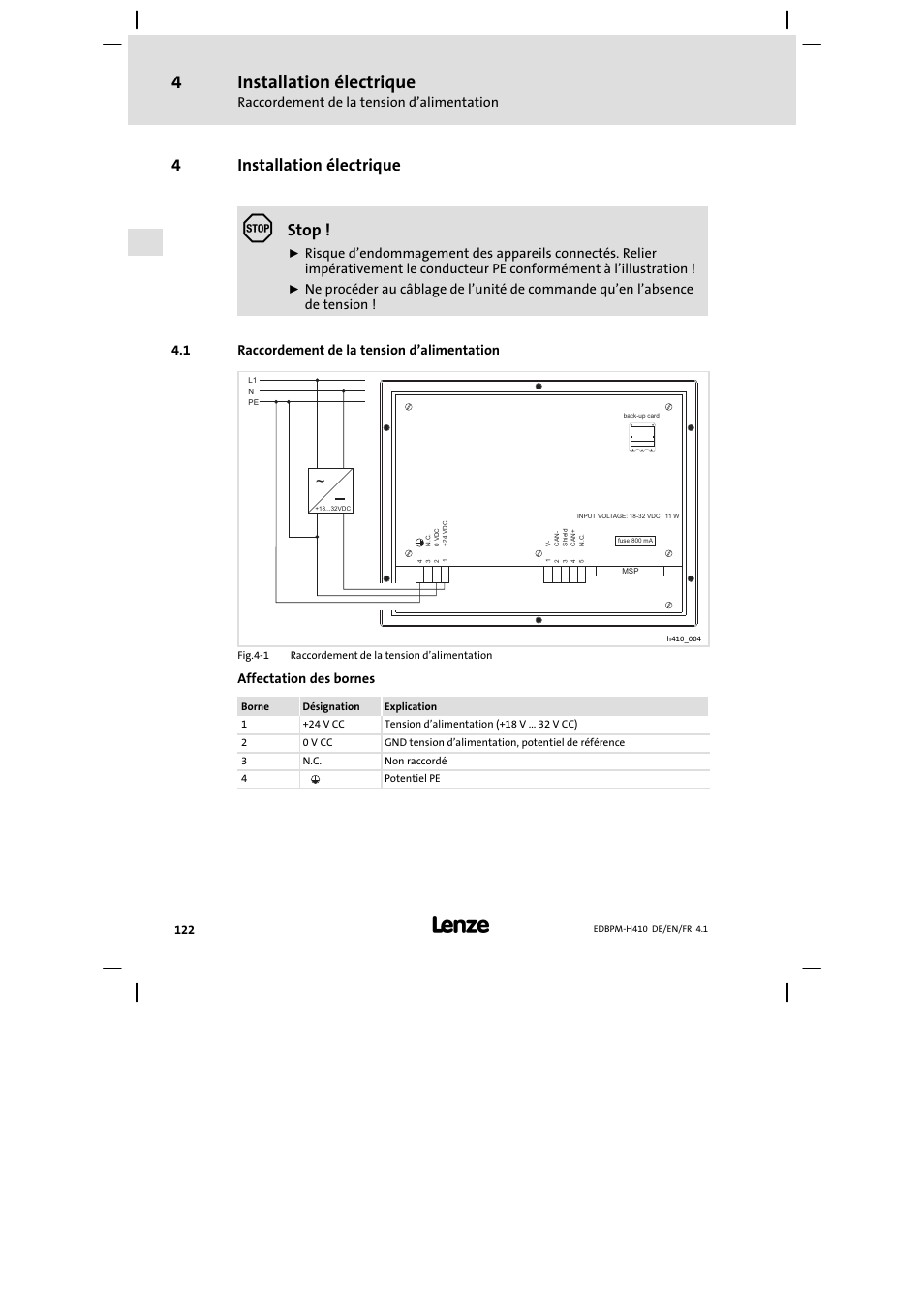 4 installation électrique, 1 raccordement de la tension d'alimentation, Installation électrique | Raccordement de la tension d’alimentation, 4installation électrique, Stop, Affectation des bornes | Lenze EPM−H410 User Manual | Page 122 / 154