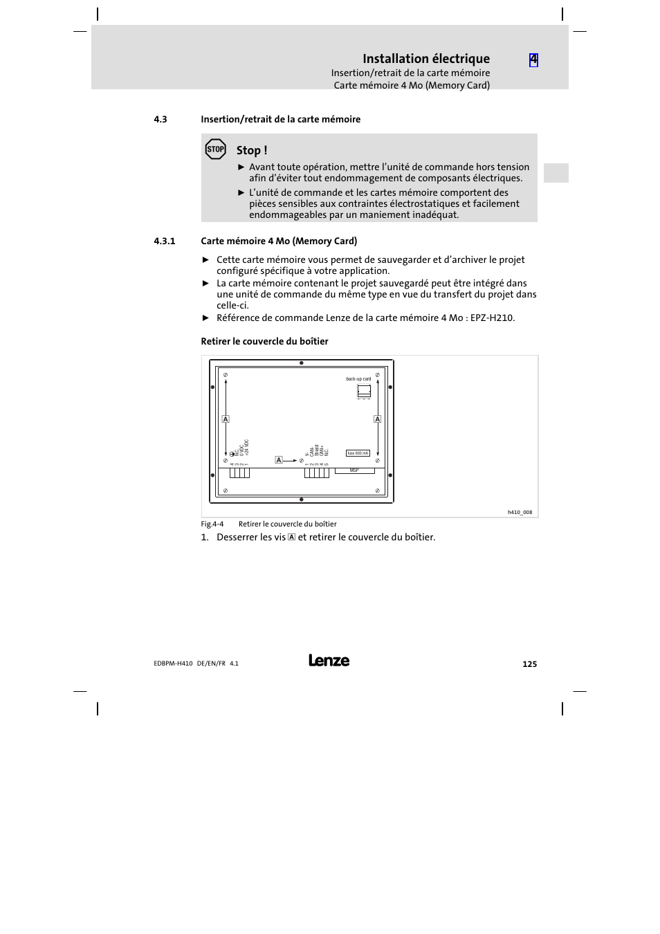 3 insertion/retrait de la carte mémoire, 1 carte mémoire 4 mo (memory card), Insertion/retrait de la carte mémoire | Carte mémoire 4 mo (memory card), Installation électrique, Stop | Lenze EPM−H410 User Manual | Page 125 / 154