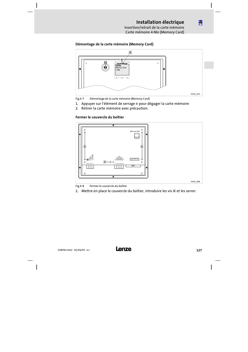 Installation électrique, Appuyer sur l’élément de serrage | Lenze EPM−H410 User Manual | Page 127 / 154