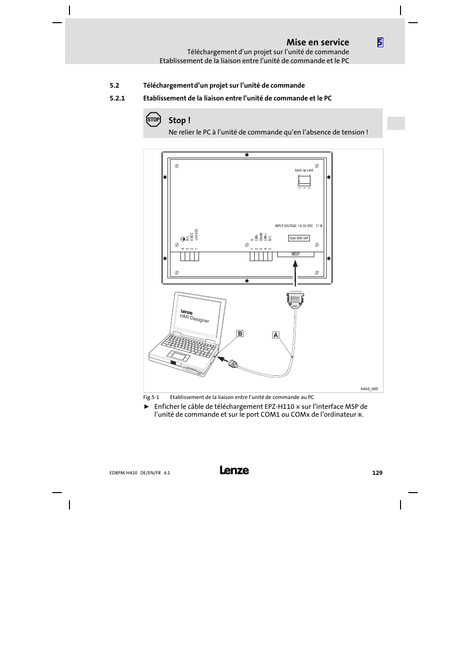 Téléchargement d’un projet sur l’unité de commande, Mise en service, Stop | Lenze EPM−H410 User Manual | Page 129 / 154