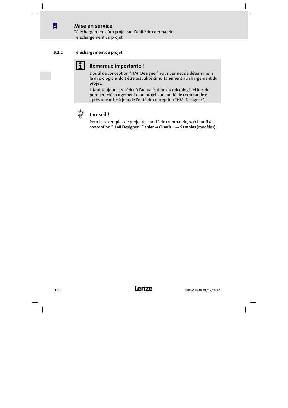 2 téléchargement du projet, Téléchargement du projet | Lenze EPM−H410 User Manual | Page 130 / 154