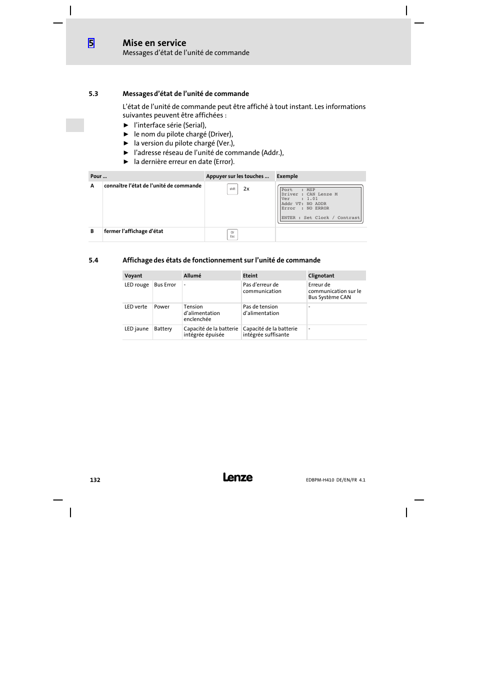 3 messages d'état de l'unité de commande, Messages d’état de l’unité de commande, Mise en service | Lenze EPM−H410 User Manual | Page 132 / 154