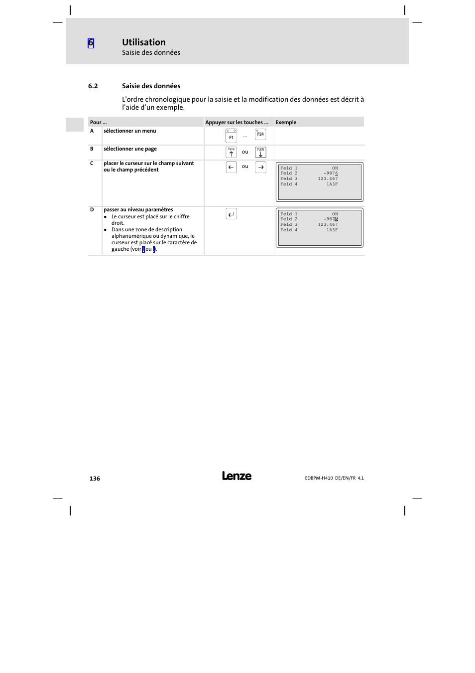 2 saisie des données, Saisie des données, Utilisation | Lenze EPM−H410 User Manual | Page 136 / 154