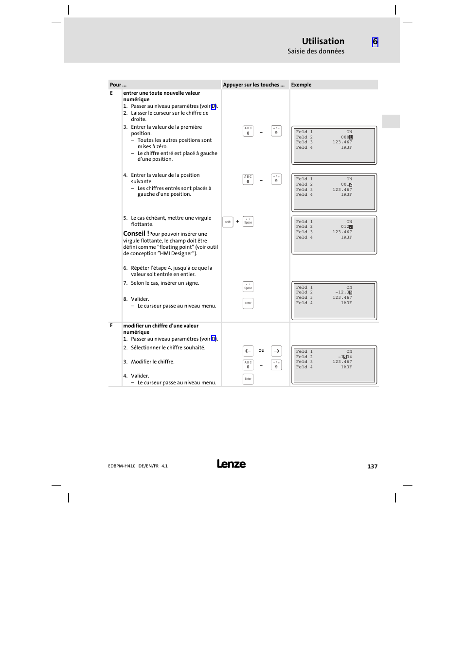 Utilisation, Saisie des données, Conseil | Lenze EPM−H410 User Manual | Page 137 / 154