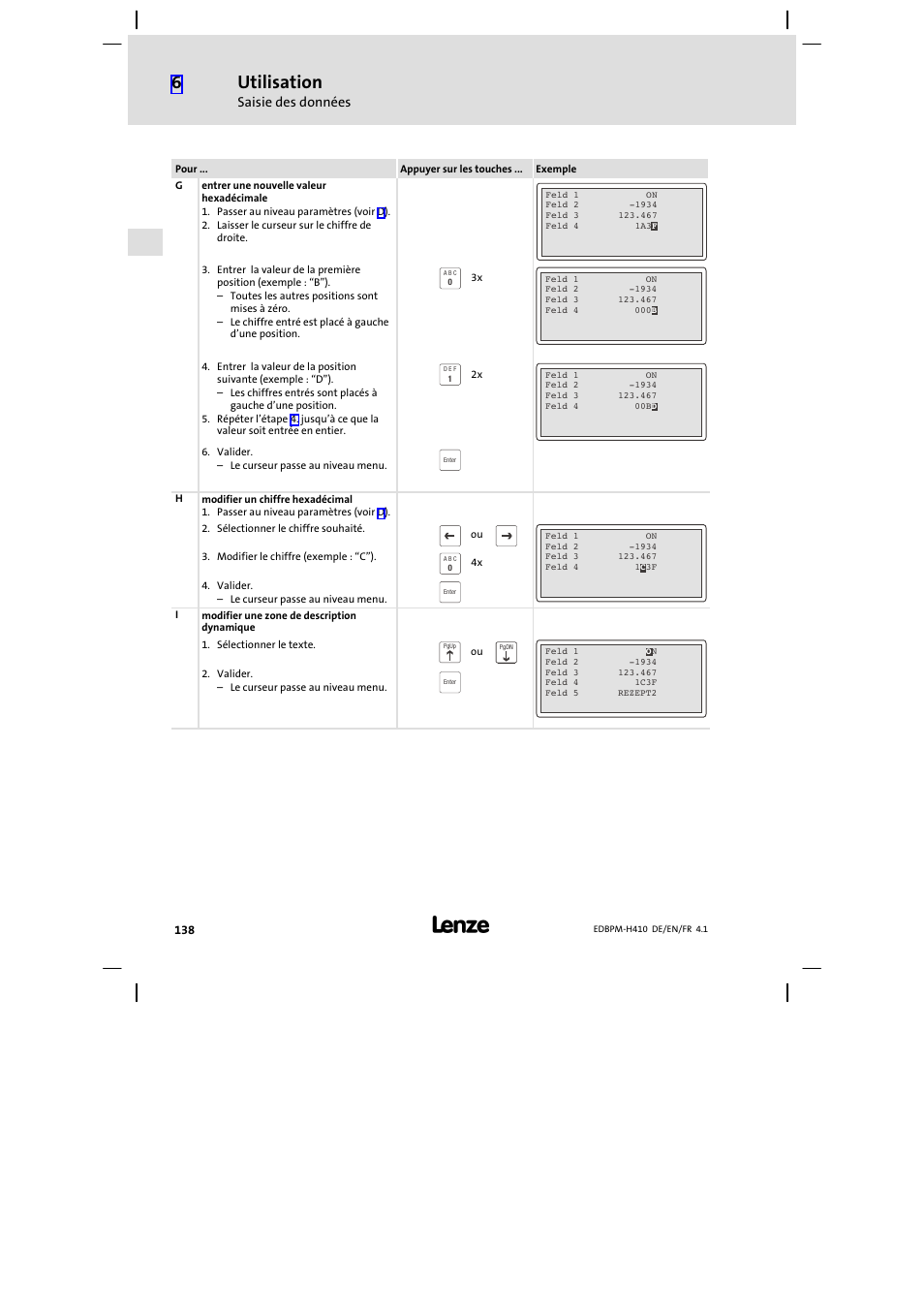 Utilisation, Saisie des données | Lenze EPM−H410 User Manual | Page 138 / 154