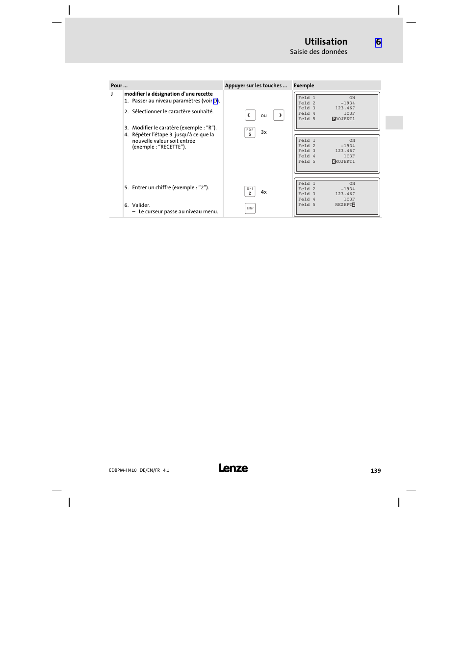 Utilisation, Saisie des données | Lenze EPM−H410 User Manual | Page 139 / 154