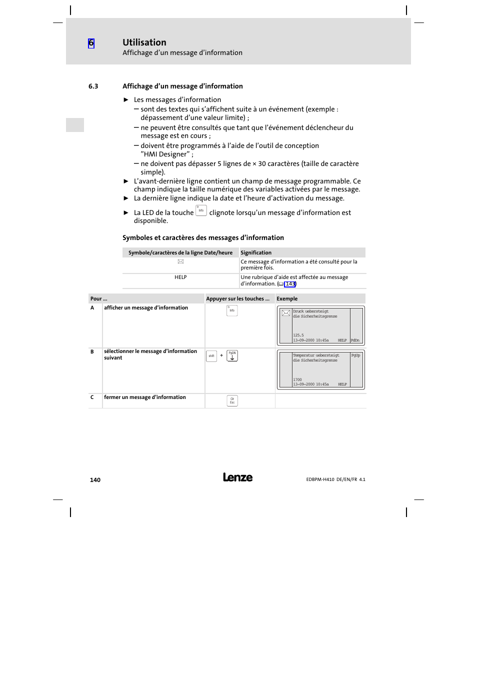 3 affichage d'un message d'information, Affichage d’un message d’information, Utilisation | Lenze EPM−H410 User Manual | Page 140 / 154