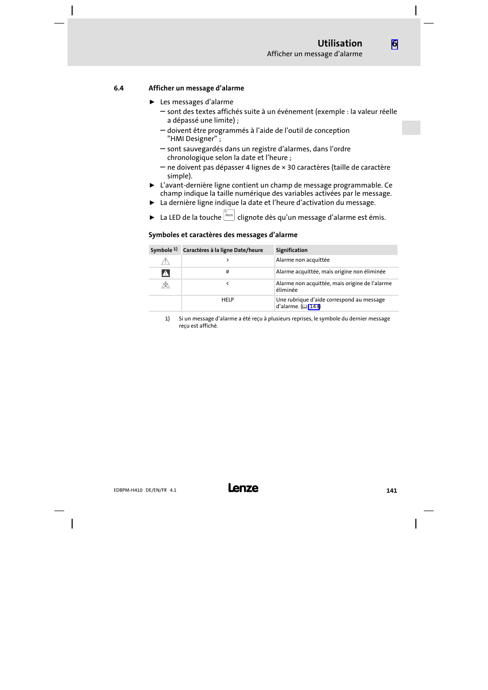 4 afficher un message d'alarme, Afficher un message d’alarme, Utilisation | Lenze EPM−H410 User Manual | Page 141 / 154