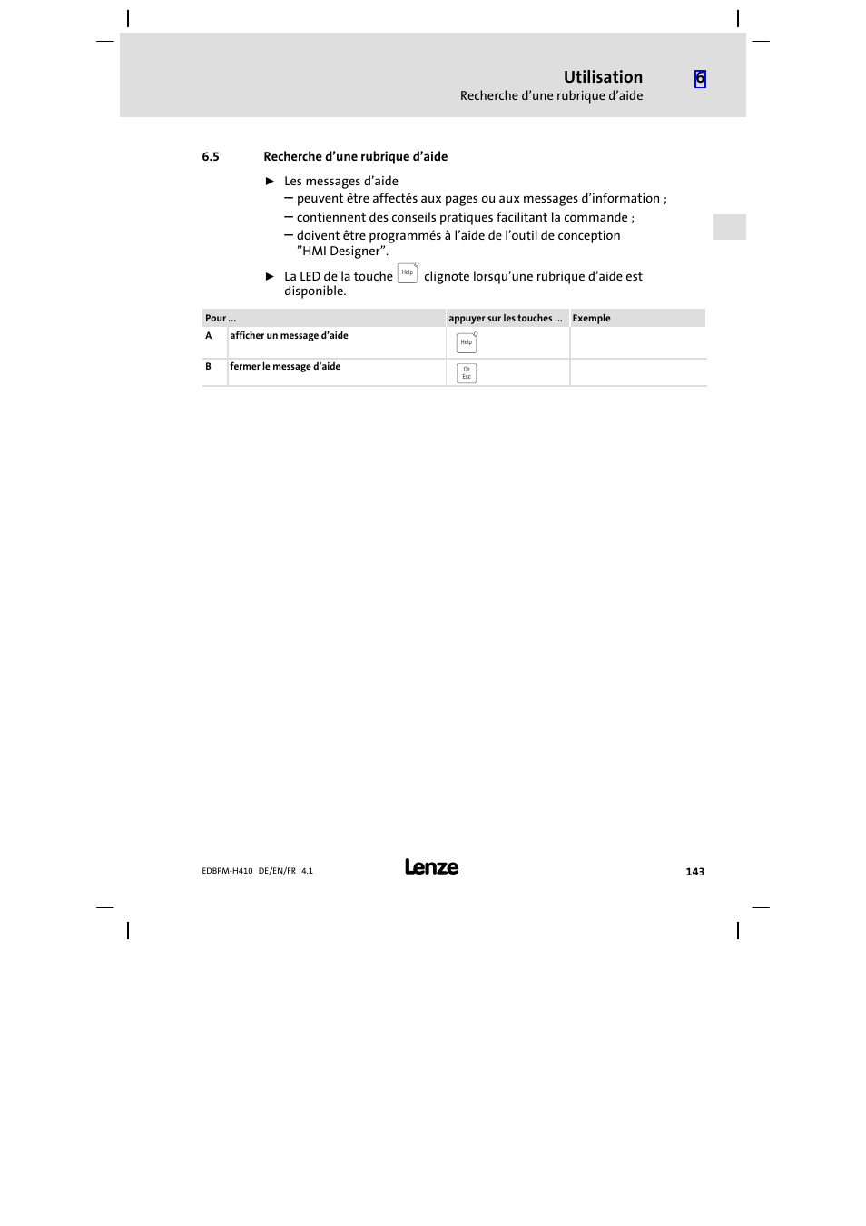 5 recherche d'une rubrique d'aide, Recherche d’une rubrique d’aide, Utilisation | Lenze EPM−H410 User Manual | Page 143 / 154