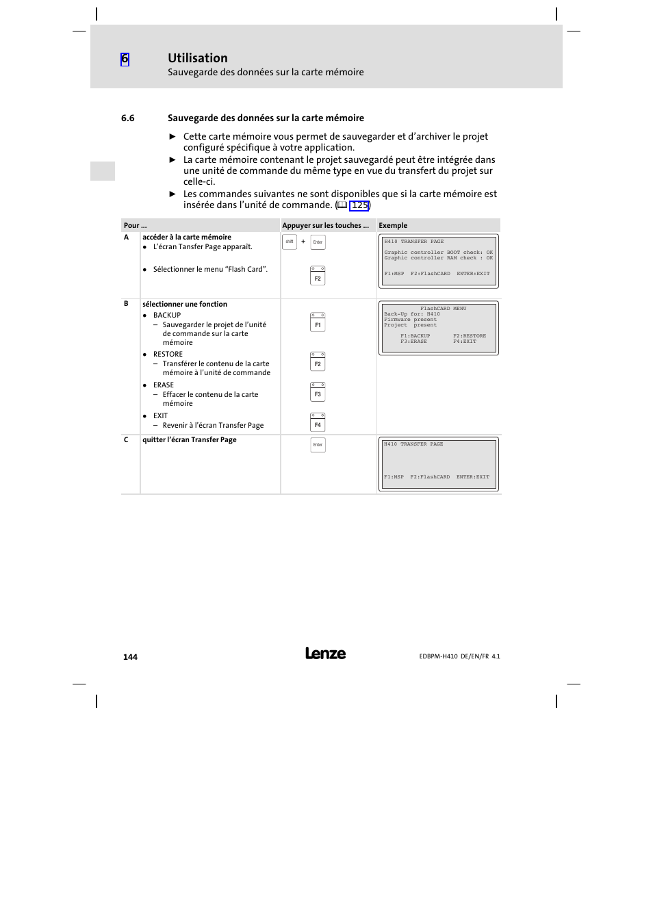 6 sauvegarde des données sur la carte mémoire, Sauvegarde des données sur la carte mémoire, Utilisation | Lenze EPM−H410 User Manual | Page 144 / 154