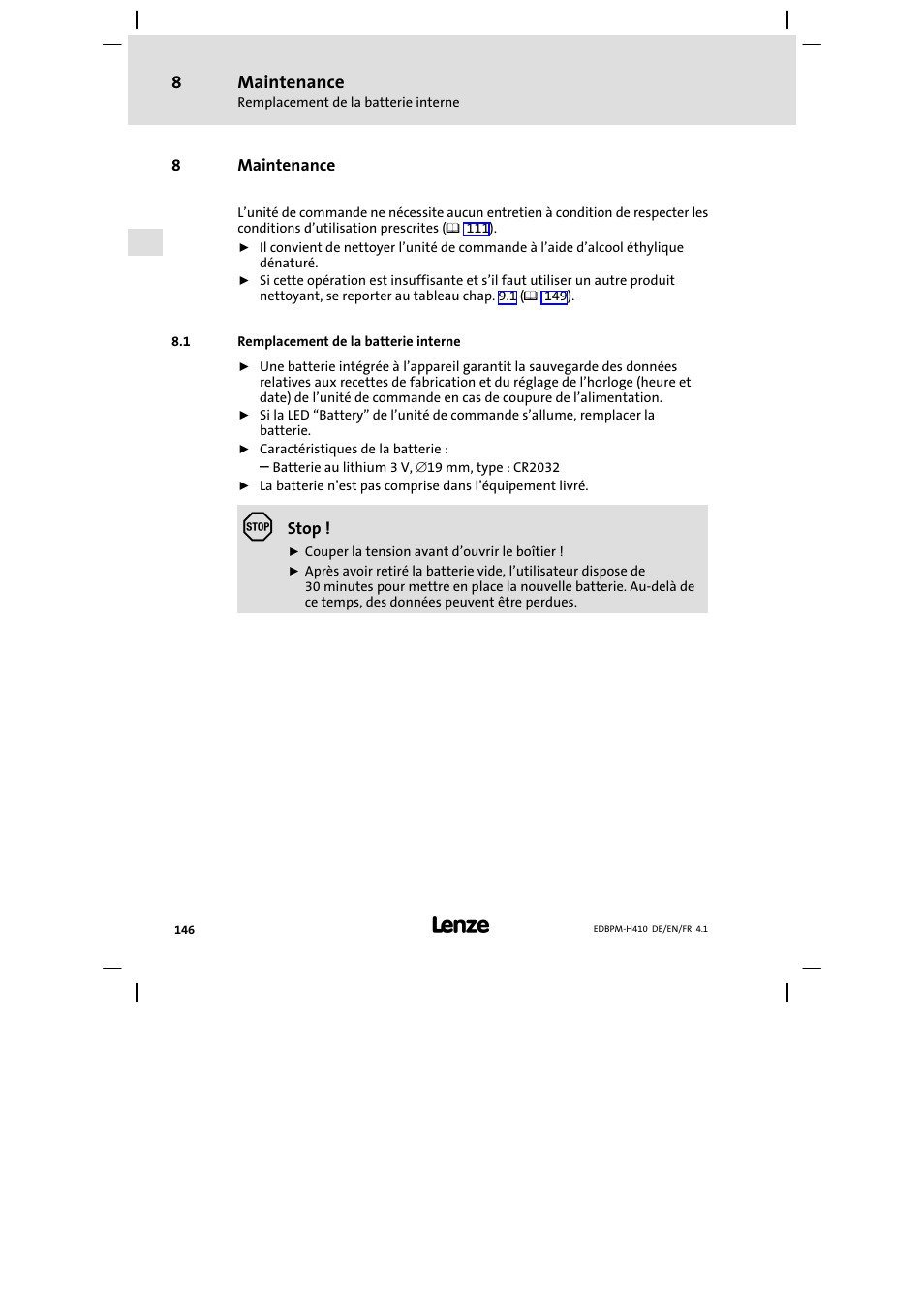 8 maintenance, 1 remplacement de la batterie interne, Maintenance | Remplacement de la batterie interne | Lenze EPM−H410 User Manual | Page 146 / 154