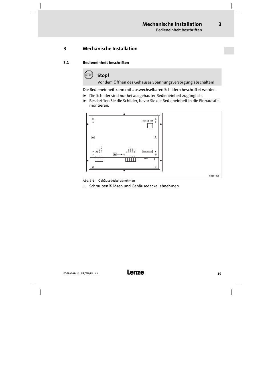 3 mechanische installation, 1 bedieneinheit beschriften, Mechanische installation | Bedieneinheit beschriften, 3mechanische installation, Stop | Lenze EPM−H410 User Manual | Page 19 / 154