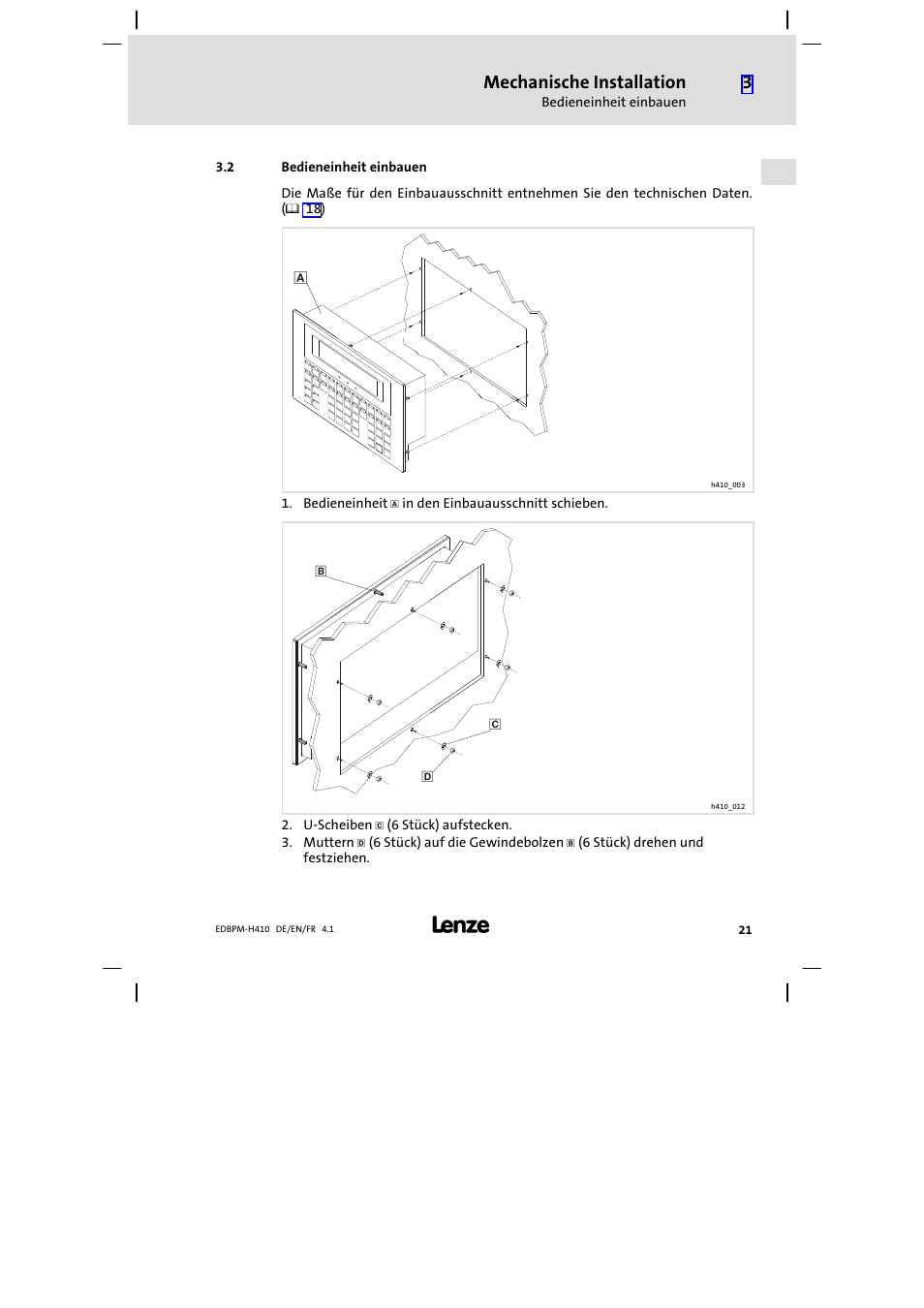 2 bedieneinheit einbauen, Bedieneinheit einbauen, Mechanische installation | Lenze EPM−H410 User Manual | Page 21 / 154