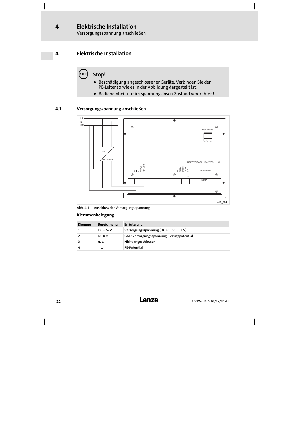 4 elektrische installation, 1 versorgungsspannung anschließen, Elektrische installation | Versorgungsspannung anschließen, 4elektrische installation, Stop, Klemmenbelegung | Lenze EPM−H410 User Manual | Page 22 / 154