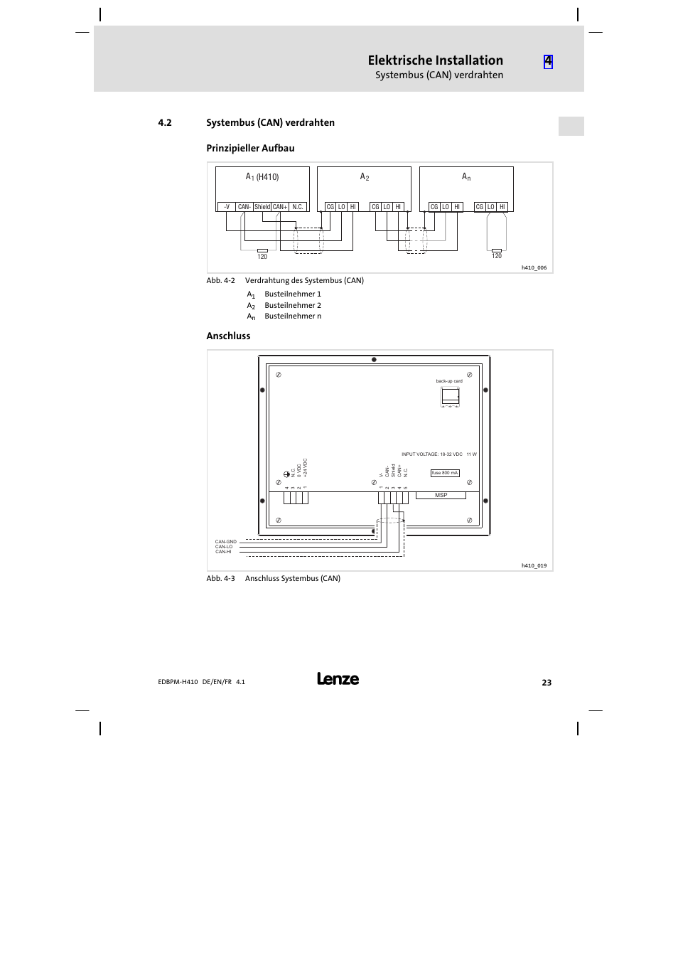 2 systembus (can) verdrahten, Systembus (can) verdrahten, Elektrische installation | Prinzipieller aufbau, Anschluss | Lenze EPM−H410 User Manual | Page 23 / 154