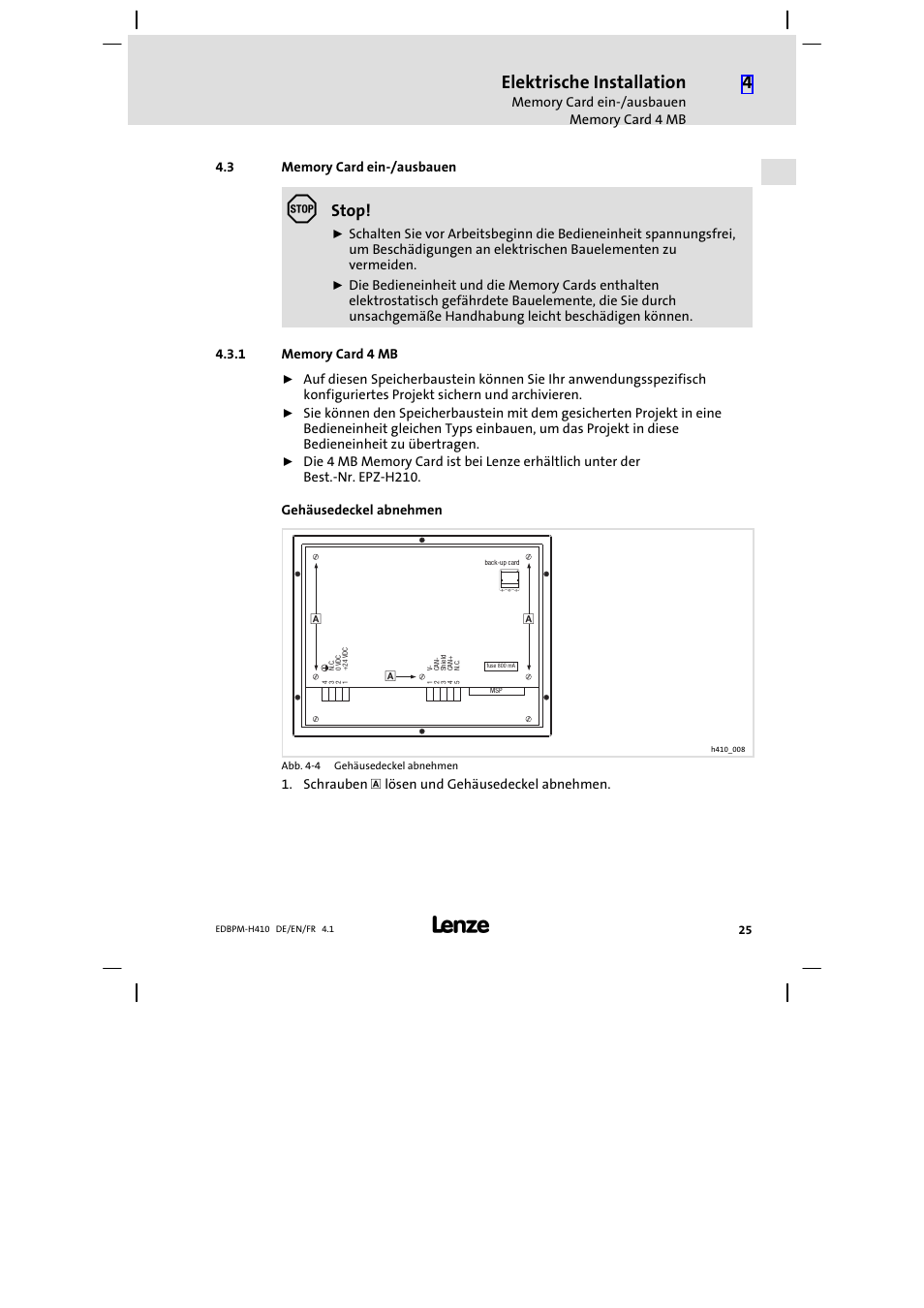 3 memory card ein-/ausbauen, 1 memory card 4 mb, Memory card ein−/ausbauen | Memory card 4 mb, Elektrische installation, Stop | Lenze EPM−H410 User Manual | Page 25 / 154