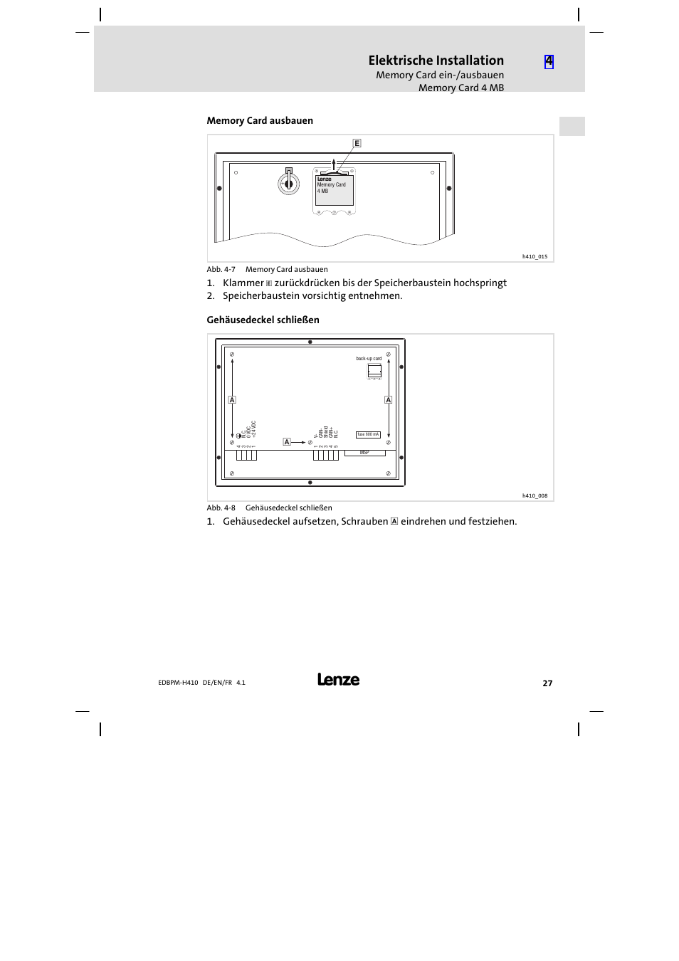 Elektrische installation, Klammer | Lenze EPM−H410 User Manual | Page 27 / 154