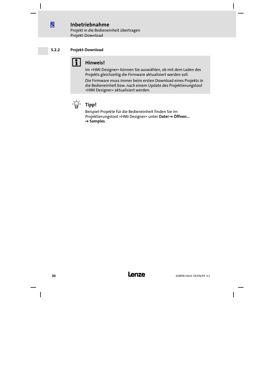 2 projekt-download, Projekt−download | Lenze EPM−H410 User Manual | Page 30 / 154