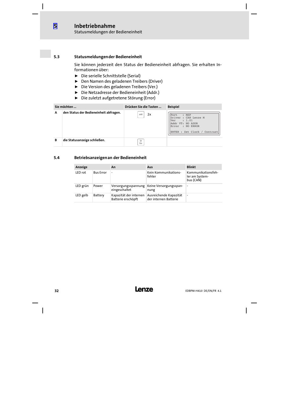 3 statusmeldungen der bedieneinheit, 4 betriebsanzeigen an der bedieneinheit, Statusmeldungen der bedieneinheit | Betriebsanzeigen an der bedieneinheit, Inbetriebnahme | Lenze EPM−H410 User Manual | Page 32 / 154