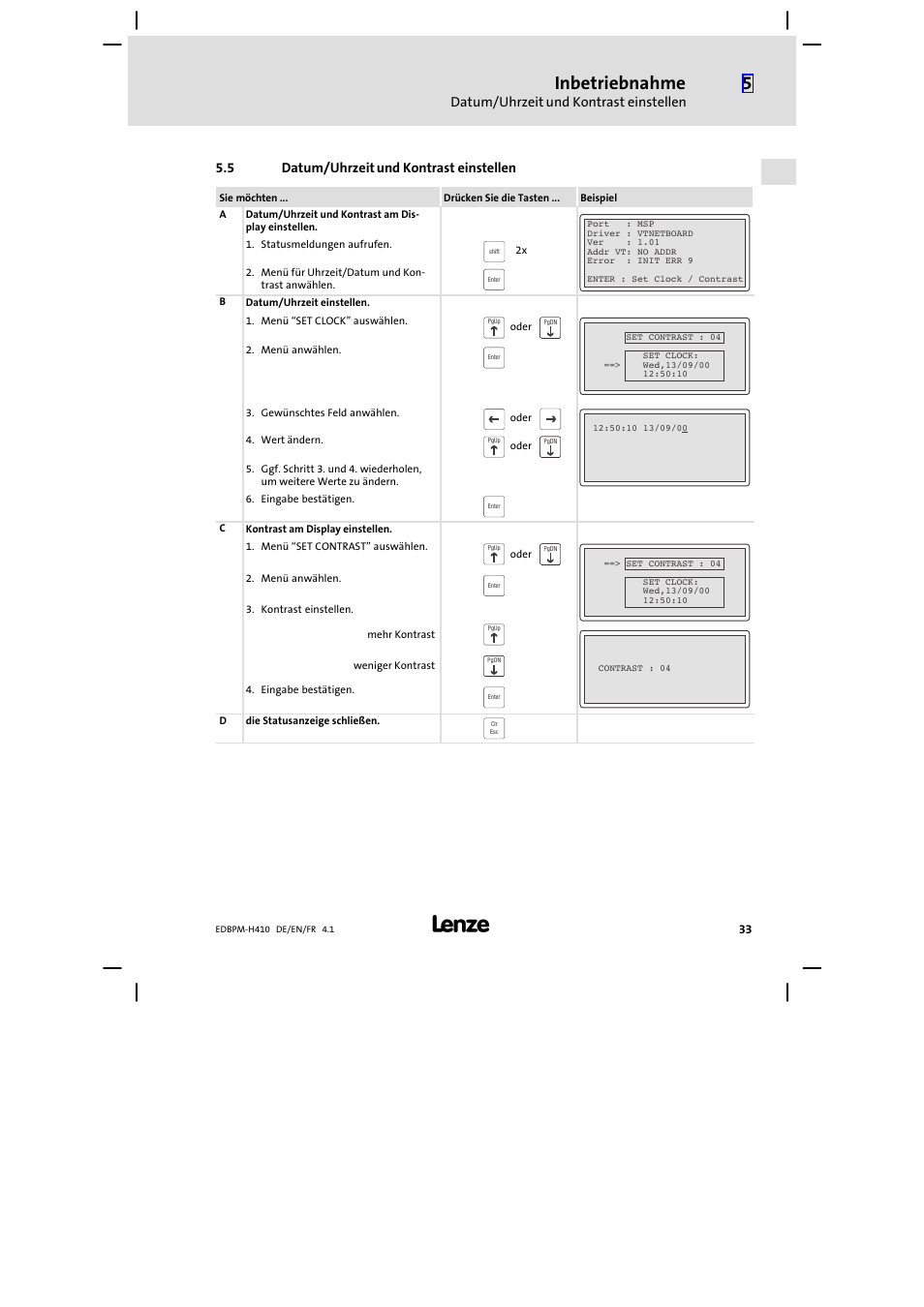 5 datum/uhrzeit und kontrast einstellen, Datum/uhrzeit und kontrast einstellen, Inbetriebnahme | Lenze EPM−H410 User Manual | Page 33 / 154