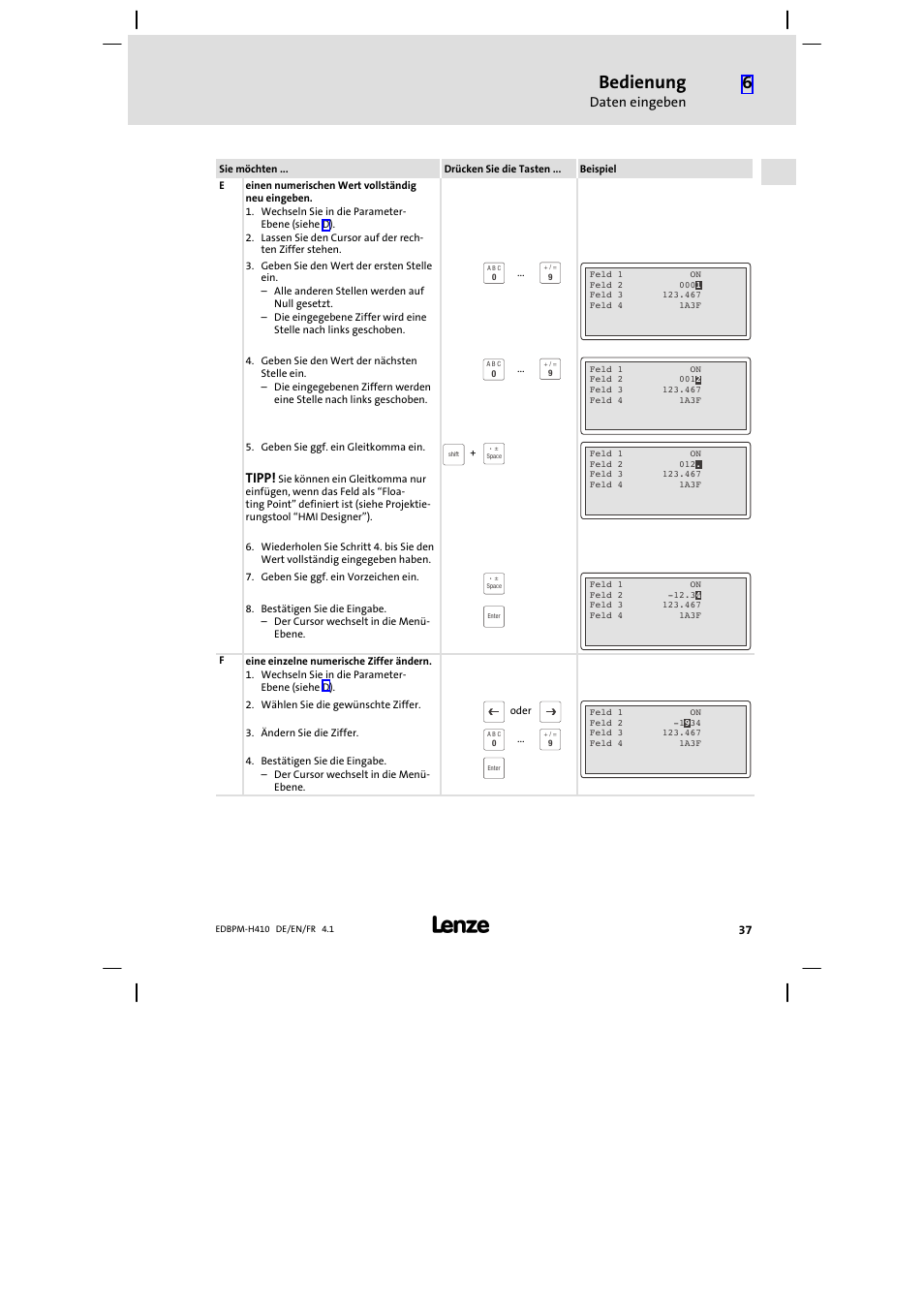 Bedienung, Daten eingeben, Tipp | Lenze EPM−H410 User Manual | Page 37 / 154