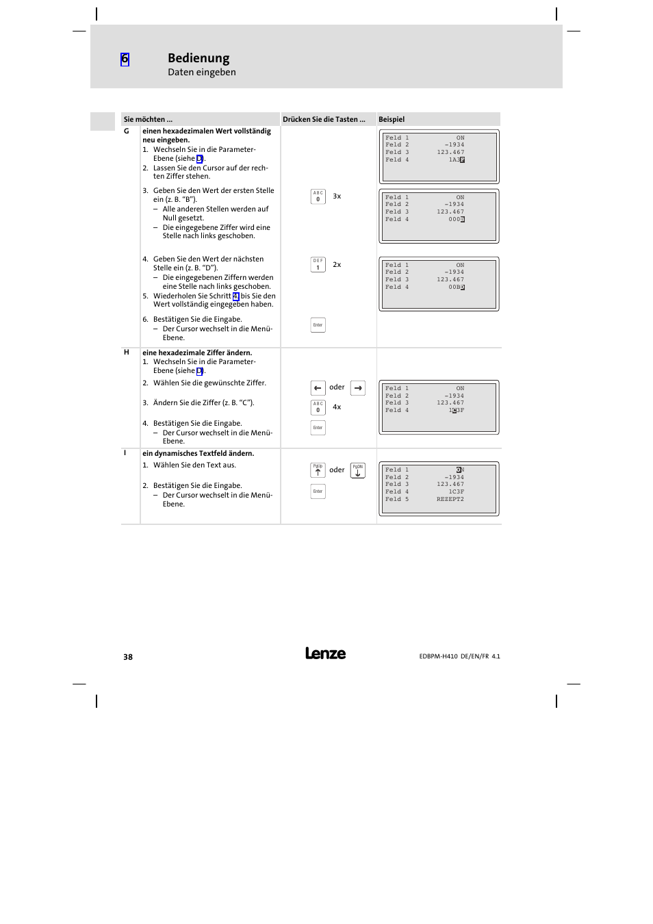 Bedienung, Daten eingeben | Lenze EPM−H410 User Manual | Page 38 / 154