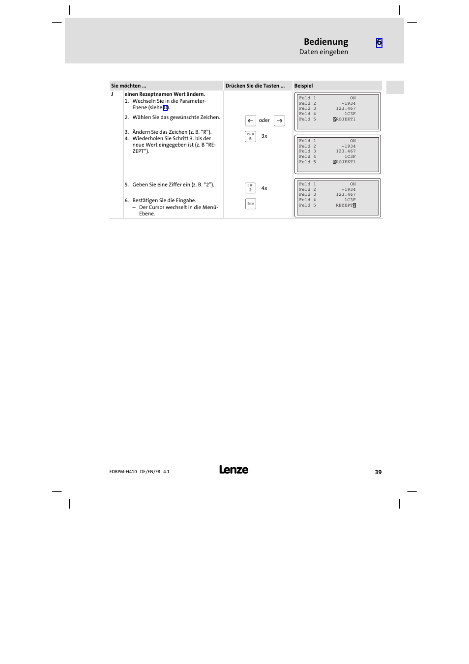 Bedienung, Daten eingeben | Lenze EPM−H410 User Manual | Page 39 / 154