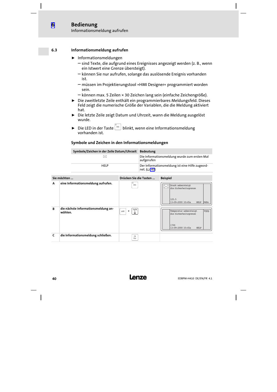 3 informationsmeldung aufrufen, Informationsmeldung aufrufen, Bedienung | Lenze EPM−H410 User Manual | Page 40 / 154