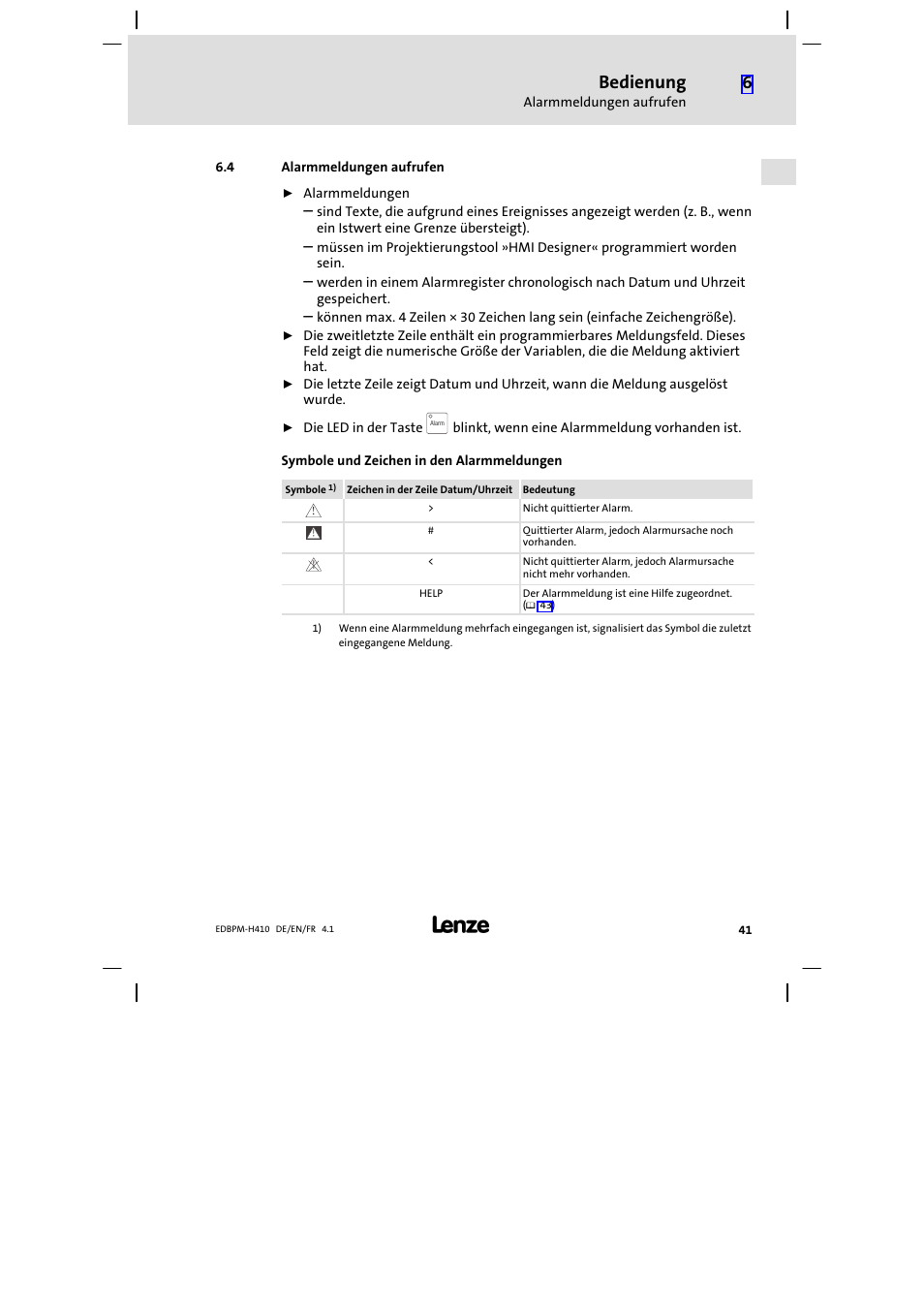 4 alarmmeldungen aufrufen, Alarmmeldungen aufrufen, Bedienung | Lenze EPM−H410 User Manual | Page 41 / 154