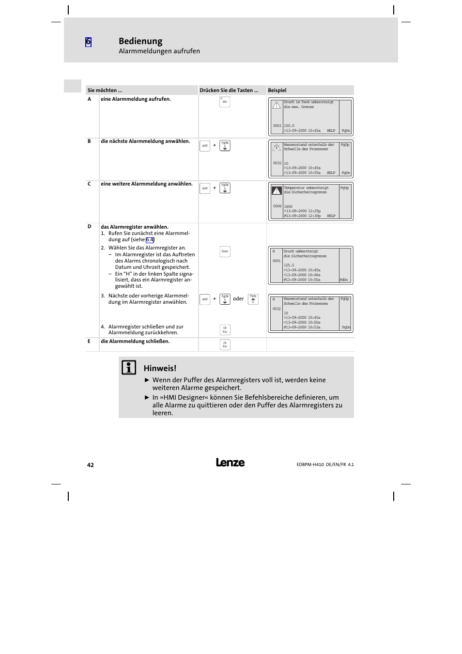 Bedienung, Hinweis, Alarmmeldungen aufrufen | Lenze EPM−H410 User Manual | Page 42 / 154